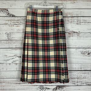 Womens VTG Scotch House Wool Cream Red Preppy Tartan Plaid Pleated Wrap Skirt S